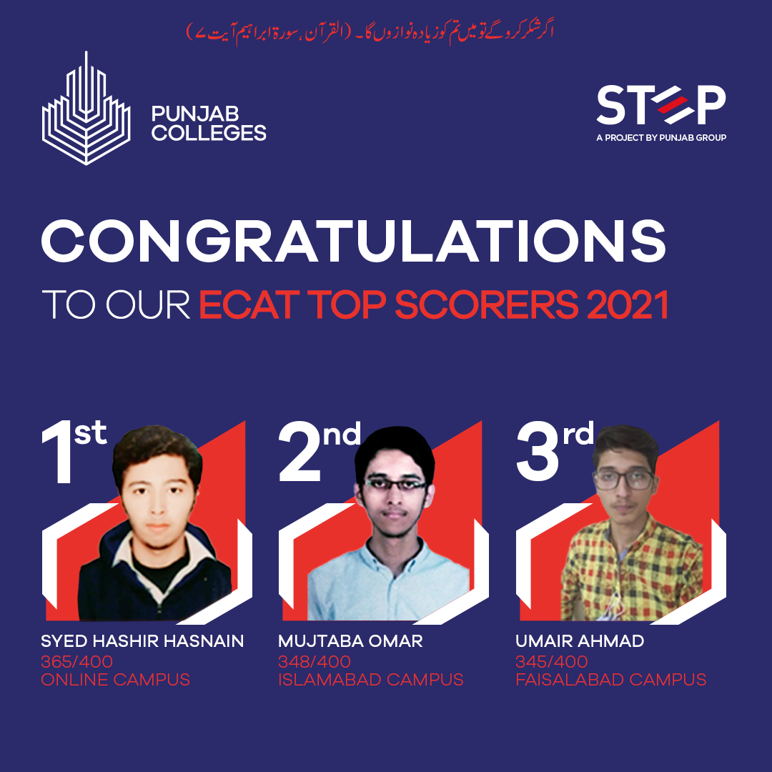 Top Three positions of ECAT 2021 grabbed by STEP students